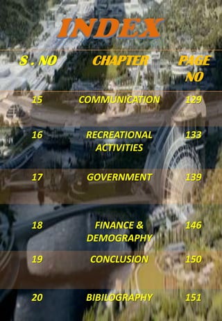 9
S . NO CHAPTER PAGE
NO
15 COMMUNICATION 129
16 RECREATIONAL
ACTIVITIES
133
17 GOVERNMENT 139
18 FINANCE &
DEMOGRAPHY
146
19 CONCLUSION 150
20 BIBILOGRAPHY 151
 