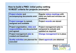 How to build a PMO: initial policy setting
10 MUST criteria for projects (example)

 Project charter and               Regular status meetings with
 accompanying documents exist      client are held and minutes are
                                   produced
 Project manager is named,         Project records are stored
 assigned and available
 Project organization, roles and Project management plan is
 responsibilities are documented compared to actuals and
 and agreed                      updated as required
 Project management plan is        Change management is in place
 created and baselined
 Quality activities are planned for Client approvals are obtained
 executed
                                                                     22
 