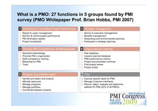 What is a PMO: 27 functions in 5 groups found by PMI
survey (PMO Whitepaper Prof. Brian Hobbs, PMI 2007)
1 Monitoring & Controlling Project Performance   4 Strategic management
 §   Report to upper management                  §   Advice to executive management
 §   Monitor & control project performance       §   Benefits management
 §   PM information system                       §   Networking and environmental scanning
 §   Project scoreboard                          §   Participate in strategic planning


2 Develop PM Competencies & Methodologies        5 Organizational Learning
 §   Standard methodology                        §   Risk database
 §   Promote PM in organization                  §   Lessons learned database
 §   Staff competency, training                  §   PMO performance metrics
 §   Mentoring for PMs                           §   Project documentation archives
 §   Tools                                       §   Post project review
                                                 §   Project audits


3 Program and portfolio mgmt.                    + Plus
 §   Identify and select new projects            § Execute specific tasks for PMs
 §   Allocate resources                          § Manage Customer Interfaces
 §   Manage programs                             § Recruit, select, evaluate and determine
 §   Manage portfolios                             salaries for PMs (22% of all PMOs)
 §   Coordinate between projects
                                                                                             6
 