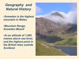 Geography and
Natural History
•Snowdon is the highest
mountain in Wales.
•Mountain Range:
Snowdon Massif
•At an altitude of 1,085
metres above sea level,
and the highest point in
the British Isles outside
Scotland.

 