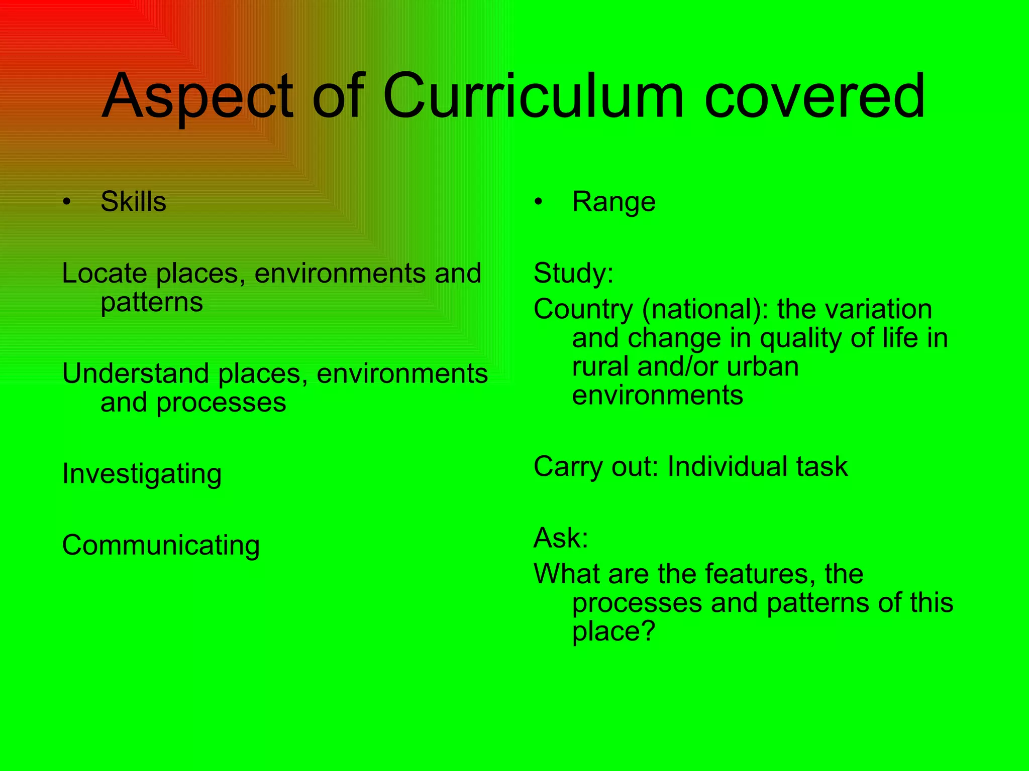 Aspect of Curriculum covered Skills Locate places, environments and patterns Understand places, environments and processes Investigating Communicating  Range Study: Country (national): the variation and change in quality of life in rural and/or urban environments Carry out: Individual task Ask: What are the features, the processes and patterns of this place? 