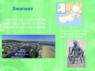 Swansea has a beautiful bay
and a large marina. It is the
second largest city in Wales.
A statue of Dylan Thomas,
a famous Welsh author
who lived in Swansea.
Swansea
 