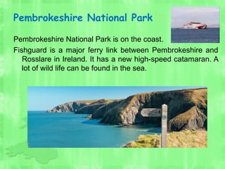 Pembrokeshire National Park
Pembrokeshire National Park is on the coast.
Fishguard is a major ferry link between Pembrokeshire and
Rosslare in Ireland. It has a new high-speed catamaran. A
lot of wild life can be found in the sea.
 