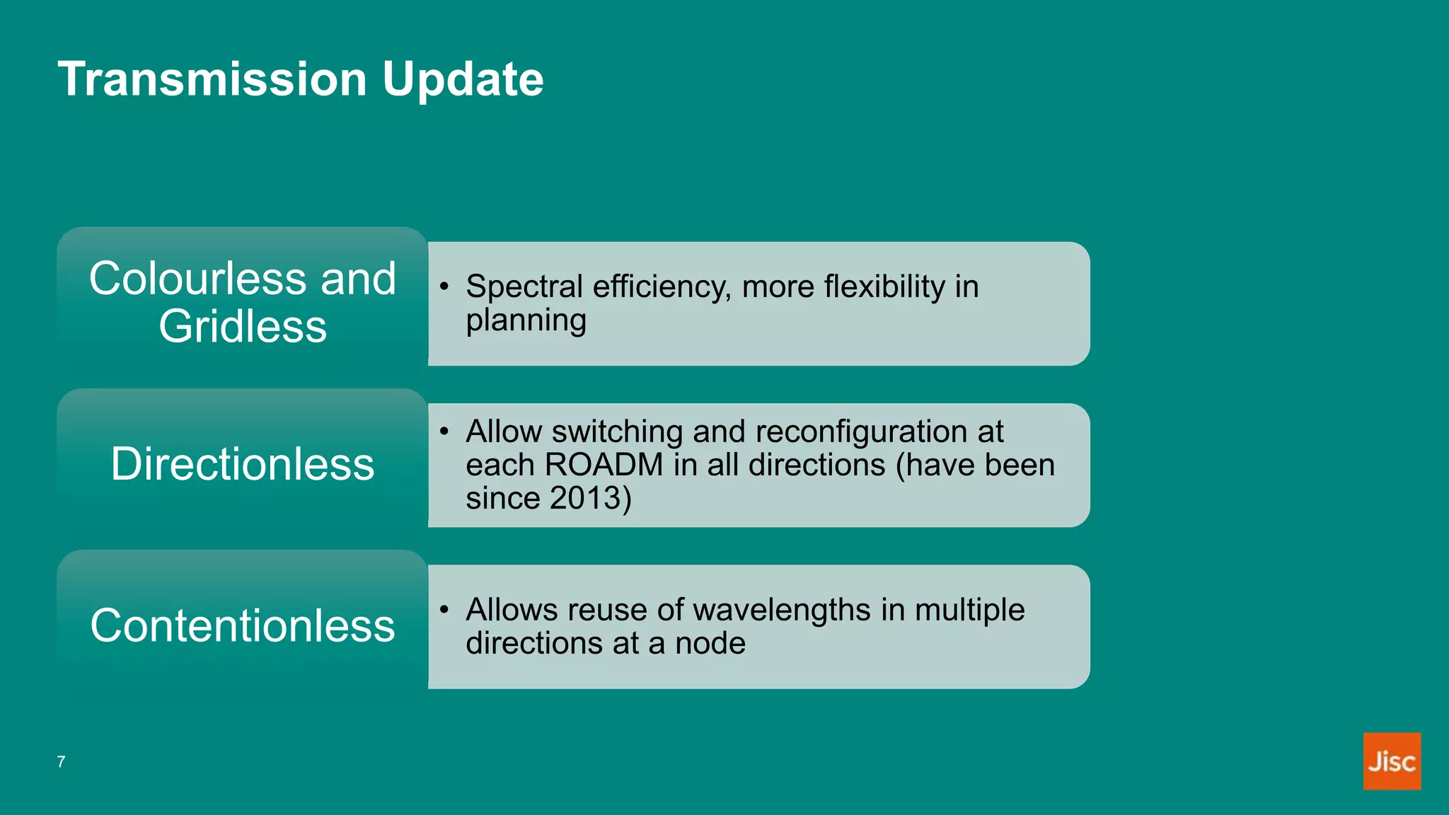 Transmission Update
7
• Spectral efficiency, more flexibility in
planning
Colourless and
Gridless
• Allow switching and reconfiguration at
each ROADM in all directions (have been
since 2013)
Directionless
• Allows reuse of wavelengths in multiple
directions at a node
Contentionless
 