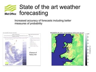 State of the art weather
   forecasting
Increased accuracy of forecasts including better
measures of probability




            Chance of
            heavy rain
 