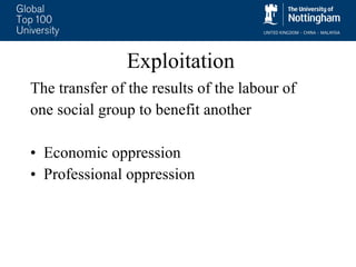 Exploitation The transfer of the results of the labour of  one social group to benefit another Economic oppression Professional oppression 