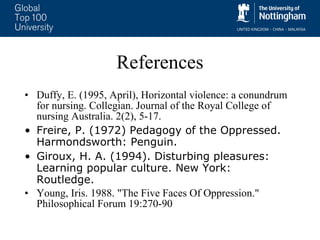 References Duffy, E. (1995, April), Horizontal violence: a conundrum for nursing. Collegian. Journal of the Royal College of nursing Australia. 2(2), 5-17.  Freire, P. (1972) Pedagogy of the Oppressed. Harmondsworth: Penguin. Giroux, H. A. (1994). Disturbing pleasures: Learning popular culture. New York: Routledge. Young, Iris. 1988. "The Five Faces Of Oppression." Philosophical Forum 19:270-90 