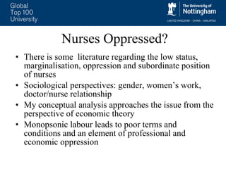 Nurses Oppressed? There is some  literature regarding the low status, marginalisation, oppression and subordinate position of nurses  Sociological perspectives: gender, women’s work, doctor/nurse relationship  My conceptual analysis approaches the issue from the perspective of economic theory Monopsonic labour leads to poor terms and conditions and an element of professional and economic oppression 
