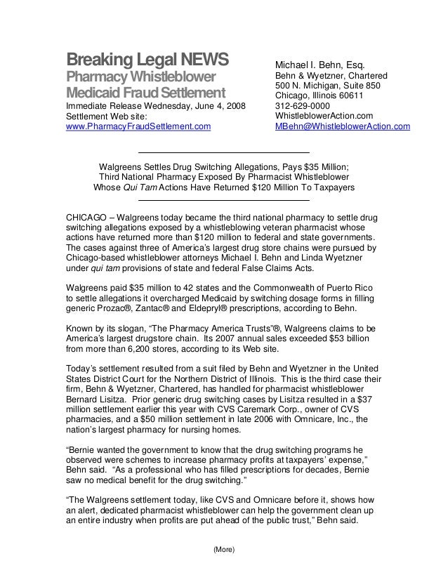 news release from the qui tam action against walgreens for medicaid f walgreen application form