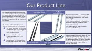 Our Product Line
Machine-specific slides are custom designed
and manufactured to meet unique specification
and functionality. Walton provides ODM &
OEM slides solutions. No matter what you ask
for in machine slides, our experienced in-house
engineers and fabricators can suit your specific
requirements.
We provide a vast assortment of drawer
slides for different residential and office uses.
The closed lengths of our furniture
drawer slides range up to 550mm (as
a residential drawer is usually no
more than 600mm long)
Common widths for furniture
drawers' slides are 27mm, 35mm,
40mm, etc.
Special features are available in push-
to-open, self-close, soft-close, double
-extension, and more.
A partial extension slide is a simple slide that
uses just two members, an inner and outer,
and generally provides partial travel of the
slide’s length.
Partial-extension slides offer an ideal solution
when direct full access to the container’s
contents is not desired.
This type of telescopic slides is common
in-home or office furniture.
Extension Slides
PartialMachine Slides
Drawer Slides Table Extention Slides
Waliton table extension slides fall into two main
categories: two-way travel table slides and
automatic lifting table slides. They allow a table
to be easily extended to the desired length with
necessary, effectively minimizing space and
maximizing versatility. They can adapt to
multiple applications.
 