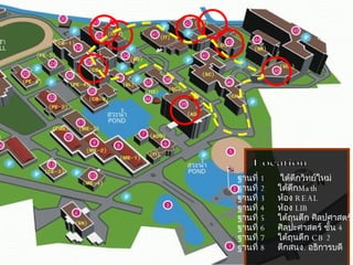 ฐานที่  1  ใต้ตึกวิทย์ใหม่ ฐานที่  2  ใต้ตึก Math   ฐานที่  3  ห้อง  REAL ฐานที่  4  ห้อง  LIB ฐานที่  5  ใต้ถุนตึก ศิลปศาสตร์ ฐานที่  6  ศิลปะศาสตร์ ชั้น  4 ฐานที่  7  ใต้ถุนตึก  CB 2 ฐานที่  8  ตึกสนง .  อธิการบดี Location 