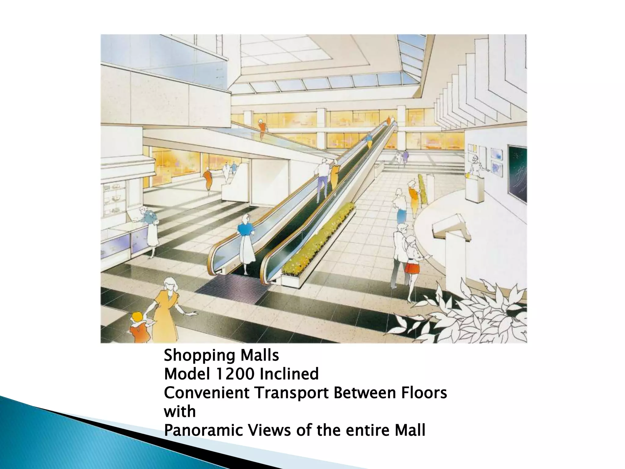 Shopping Malls
Model 1200 Inclined
Convenient Transport Between Floors
with
Panoramic Views of the entire Mall
 
