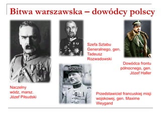 Bitwa warszawska – dowódcy polscy
Szefa Sztabu
Generalnego, gen.
Tadeusz
Rozwadowski
Przedstawiciel francuskiej misji
wojskowej, gen. Maxime
Weygand
Naczelny
wódz, marsz.
Józef Piłsudski
Dowódca frontu
północnego, gen.
Józef Haller
 