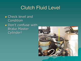 Clutch Fluid Level
Check level and
Condition
Don’t confuse with
Brake Master
Cylinder!