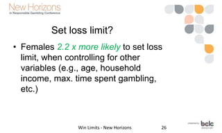 Set win limits?
• Females 90% more likely to set win limits
• For each year older when first bet placed,
5% more likely to...