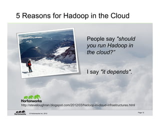 5 Reasons for Hadoop in the Cloud


                                              People say "should
                                              you run Hadoop in
                                              the cloud?”


                                              I say "it depends".




 http://steveloughran.blogspot.com/2012/03/hadoop-in-cloud-infrastructures.html

                                                                                  Page 12
      © Hortonworks Inc. 2012
 