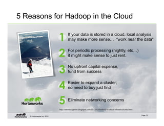 5 Reasons for Hadoop in the Cloud


                             1        If your data is stored in a cloud, local analysis
                                      may make more sense… "work near the data"


                             2        For periodic processing (nightly, etc…)
                                      it might make sense to just rent.


                             3        No upfront capital expense,
                                      fund from success


                             4        Easier to expand a cluster;
                                      no need to buy just find


                             5        Eliminate networking concerns

                             http://steveloughran.blogspot.com/2012/03/hadoop-in-cloud-infrastructures.html

                                                                                                              Page 13
   © Hortonworks Inc. 2012
 