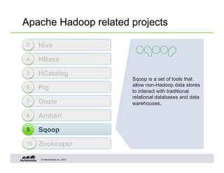 Apache Hadoop related projects

3    Hive
4    HBase
5    HCatalog
                               Sqoop is a set of tools that
                               allow non-Hadoop data stores
6    Pig                       to interact with traditional
                               relational databases and data
7    Oozie                     warehouses.

8    Ambari
9    Sqoop
10   Zookeeper

     © Hortonworks Inc. 2012
 