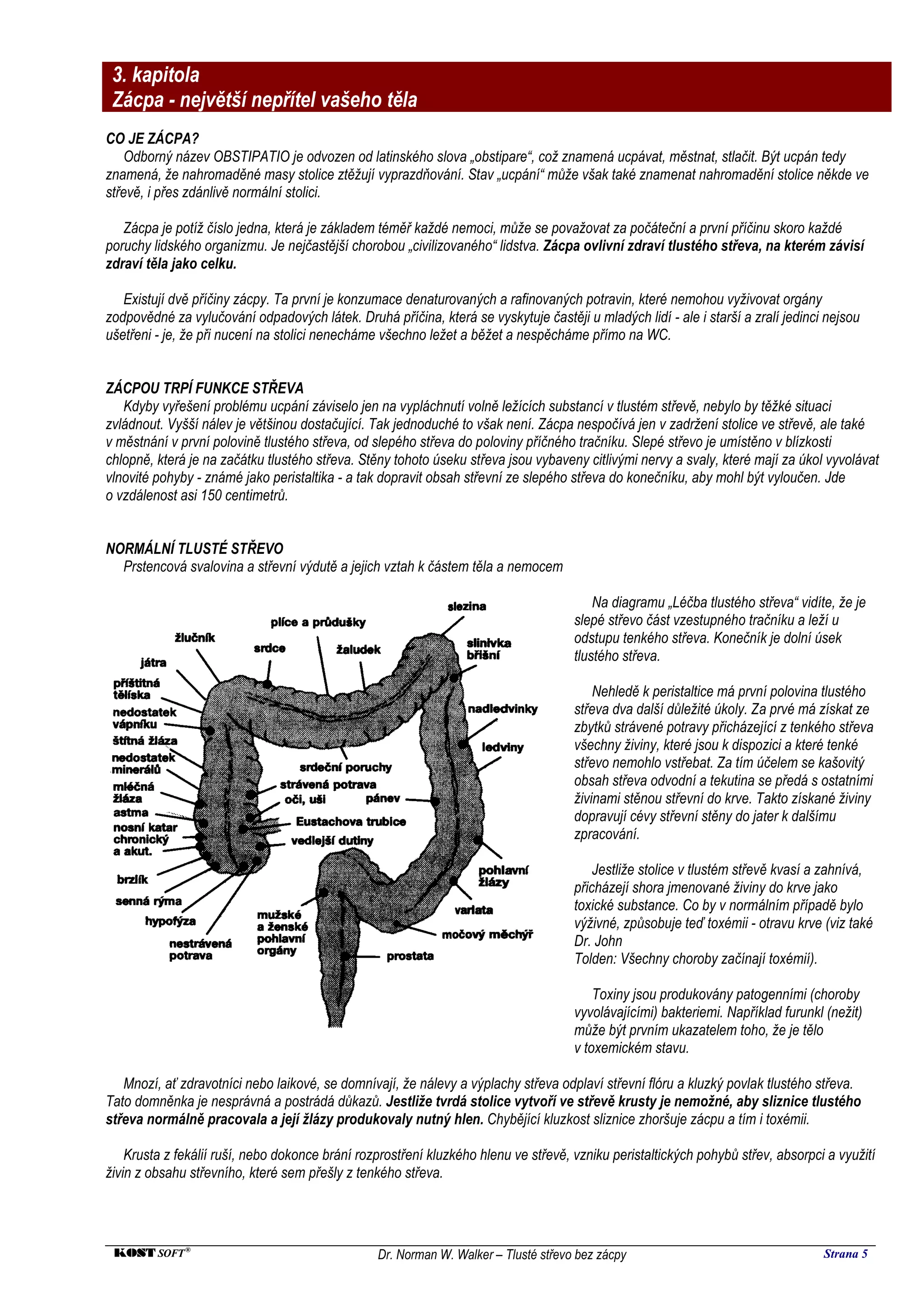 3. kapitola
 Zácpa - největší nepřítel vašeho těla
CO JE ZÁCPA?
    Odborný název OBSTIPATIO je odvozen od latinského slova „obstipare“, což znamená ucpávat, městnat, stlačit. Být ucpán tedy
znamená, že nahromaděné masy stolice ztěžují vyprazdňování. Stav „ucpání“ může však také znamenat nahromadění stolice někde ve
střevě, i přes zdánlivě normální stolici.

   Zácpa je potíž číslo jedna, která je základem téměř každé nemoci, může se považovat za počáteční a první příčinu skoro každé
poruchy lidského organizmu. Je nejčastější chorobou „civilizovaného“ lidstva. Zácpa ovlivní zdraví tlustého střeva, na kterém závisí
zdraví těla jako celku.

   Existují dvě příčiny zácpy. Ta první je konzumace denaturovaných a rafinovaných potravin, které nemohou vyživovat orgány
zodpovědné za vylučování odpadových látek. Druhá příčina, která se vyskytuje častěji u mladých lidí - ale i starší a zralí jedinci nejsou
ušetřeni - je, že při nucení na stolici nenecháme všechno ležet a běžet a nespěcháme přímo na WC.


ZÁCPOU TRPÍ FUNKCE STŘEVA
   Kdyby vyřešení problému ucpání záviselo jen na vypláchnutí volně ležících substancí v tlustém střevě, nebylo by těžké situaci
zvládnout. Vyšší nálev je většinou dostačující. Tak jednoduché to však není. Zácpa nespočívá jen v zadržení stolice ve střevě, ale také
v městnání v první polovině tlustého střeva, od slepého střeva do poloviny příčného tračníku. Slepé střevo je umístěno v blízkosti
chlopně, která je na začátku tlustého střeva. Stěny tohoto úseku střeva jsou vybaveny citlivými nervy a svaly, které mají za úkol vyvolávat
vlnovité pohyby - známé jako peristaltika - a tak dopravit obsah střevní ze slepého střeva do konečníku, aby mohl být vyloučen. Jde
o vzdálenost asi 150 centimetrů.


NORMÁLNÍ TLUSTÉ STŘEVO
  Prstencová svalovina a střevní výdutě a jejich vztah k částem těla a nemocem

                                                                                         Na diagramu „Léčba tlustého střeva“ vidíte, že je
                                                                                     slepé střevo část vzestupného tračníku a leží u
                                                                                     odstupu tenkého střeva. Konečník je dolní úsek
                                                                                     tlustého střeva.

                                                                                         Nehledě k peristaltice má první polovina tlustého
                                                                                     střeva dva další důležité úkoly. Za prvé má získat ze
                                                                                     zbytků strávené potravy přicházející z tenkého střeva
                                                                                     všechny živiny, které jsou k dispozici a které tenké
                                                                                     střevo nemohlo vstřebat. Za tím účelem se kašovitý
                                                                                     obsah střeva odvodní a tekutina se předá s ostatními
                                                                                     živinami stěnou střevní do krve. Takto získané živiny
                                                                                     dopravují cévy střevní stěny do jater k dalšímu
                                                                                     zpracování.

                                                                                         Jestliže stolice v tlustém střevě kvasí a zahnívá,
                                                                                     přicházejí shora jmenované živiny do krve jako
                                                                                     toxické substance. Co by v normálním případě bylo
                                                                                     výživné, způsobuje teď toxémii - otravu krve (viz také
                                                                                     Dr. John
                                                                                     Tolden: Všechny choroby začínají toxémií).

                                                                                         Toxiny jsou produkovány patogenními (choroby
                                                                                     vyvolávajícími) bakteriemi. Například furunkl (nežit)
                                                                                     může být prvním ukazatelem toho, že je tělo
                                                                                     v toxemickém stavu.

   Mnozí, ať zdravotníci nebo laikové, se domnívají, že nálevy a výplachy střeva odplaví střevní flóru a kluzký povlak tlustého střeva.
Tato domněnka je nesprávná a postrádá důkazů. Jestliže tvrdá stolice vytvoří ve střevě krusty je nemožné, aby sliznice tlustého
střeva normálně pracovala a její žlázy produkovaly nutný hlen. Chybějící kluzkost sliznice zhoršuje zácpu a tím i toxémii.

    Krusta z fekálií ruší, nebo dokonce brání rozprostření kluzkého hlenu ve střevě, vzniku peristaltických pohybů střev, absorpci a využití
živin z obsahu střevního, které sem přešly z tenkého střeva.




 KOST SOFT ®                                     Dr. Norman W. Walker – Tlusté střevo bez zácpy                                   Strana 5
 