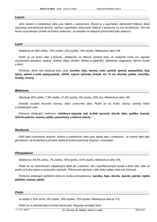 Zdraví na dlani aneb Vše pro zdraví                 www.zdravinadlani.zde.cz



Leucin

   Jeho složení a molekulová váha jsou stejné s isoleucinem. Rozdíl je v uspořádání atomových řetězců, které
způsobuje pravotočivost leucinu, zatímco uspořádání atomových řetězců v isoleucinu ho činí levotočivým. Tím má
leucin vyrovnávající účinek na funkce isoleucinu. Je obsažen ve stejných potravinách jako isoleucin.



Lysin

   Skládá se ze 49% uhlíku, 10% vodíku, 22% kyslíku, 19% dusíku. Molekulová váha 146.

    Podílí se na funkci jater a žlučníku, především na látkové výměně tuků. Je nezbytně nutný pro regulaci
současného působení epifýzy, mléčné žlázy, žlutého tělíska a vaječníků. Zabraňuje degeneraci tělních buněk
a tkání.

   Potraviny, které nám dodávají lysin, jsou: karotka, řepa, okurka, celer, petržel, špenát, pampeliška, listy
tykve, zelené a zralé papaya-plody, alfalfa, sojové výhonky (mladé, asi 15 cm dlouhé), jablka, meruňky,
hrušky, hrozny.



Methionin

   Obsahuje 40% uhlíku, 7,5% vodíku, 21,5% kyslíku, 9% dusíku, 22% síry. Molekulová váha 149.

    Důležitá součást krevního barviva, tkání a krevního séra. Podílí se na funkci sleziny, slinivky břišní
a lymfatických uzlin.

   Potraviny dodávající methionin: růžičková kapusta, zelí, květák (syrové), šťovík, křen, pažitka, česnek,
řeřicha potoční, ananas, jablka, paraořechy a lískové ořechy.



Neuleucin

   Patří také k leucinové skupině; složení a molekulová váha jsou stejné jako u isoleucinu. Je známý také jako
glycoleucin. Je levotočivý a pomáhá udržovat funkce leucinové skupiny v rovnováze.



Phenylalanin

   Skládá se z 65,5% uhlíku, 7% vodíku, 19% kyslíku, 8,5% dusíku. Molekulová váha 165.

   Podílí se na odstraňování odpadových látek jak z potravin, tak z opotřebovaných buněk a tkání těla, dále se
podílí na funkci ledvin a močového měchýře. Přítomností alkoholu v těle ztrácí velkou část své účinnosti.

   Potraviny dodávající potřebné části pro tvorbu phenylalaninu: karotka, řepa, okurka, špenát, petržel, rajská
jablíčka, ananas, jablka.



Prolin

   Je složen z 52% uhl'ku, 8% vodíku, 28% kyslíku, 12% dusíku. Molekulová váha je 115.

   Podílí se na aktivitě bílých krvinek (leukocytů). Reguluje emulgaci tuků.
 KOST SOFT ®                              Dr. Norman W. Walker: Zdraví a salát                      Strana 29
 