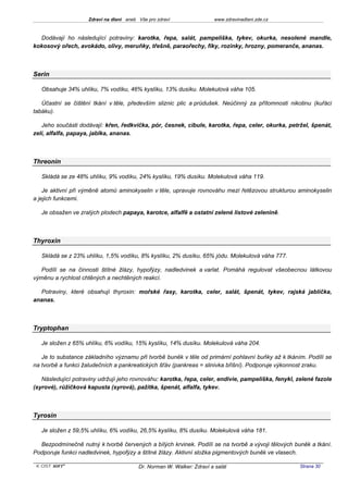 Zdraví na dlani aneb Vše pro zdraví                 www.zdravinadlani.zde.cz



  Dodávají ho následující potraviny: karotka, řepa, salát, pampeliška, tykev, okurka, nesolené mandle,
kokosový ořech, avokádo, olivy, meruňky, třešně, paraořechy, fíky, rozinky, hrozny, pomeranče, ananas.



Serin

   Obsahuje 34% uhlíku, 7% vodíku, 46% kyslíku, 13% dusíku. Molekulová váha 105.

   Účastní se čištění tkání v těle, především sliznic plic a průdušek. Neúčinný za přítomnosti nikotinu (kuřáci
tabáku).

   Jeho součásti dodávají: křen, ředkvička, pór, česnek, cibule, karotka, řepa, celer, okurka, petržel, špenát,
zelí, alfalfa, papaya, jablka, ananas.



Threonin

   Skládá se ze 48% uhlíku, 9% vodíku, 24% kyslíku, 19% dusíku. Molekulová váha 119.

    Je aktivní při výměně atomů aminokyselin v těle, upravuje rovnováhu mezi řetězovou strukturou aminokyselin
a jejich funkcemi.

   Je obsažen ve zralých plodech papaya, karotce, alfalfě a ostatní zelené listové zelenině.



Thyroxin

   Skládá se z 23% uhlíku, 1,5% vodíku, 8% kyslíku, 2% dusíku, 65% jódu. Molekulová váha 777.

  Podílí se na činnosti štítné žlázy, hypofýzy, nadledvinek a varlat. Pomáhá regulovat všeobecnou látkovou
výměnu a rychlost chtěných a nechtěných reakcí.

  Potraviny, které obsahují thyroxin: mořské řasy, karotka, celer, salát, špenát, tykev, rajská jablíčka,
ananas.



Tryptophan

   Je složen z 65% uhlíku, 6% vodíku, 15% kyslíku, 14% dusíku. Molekulová váha 204.

   Je to substance základního významu při tvorbě buněk v těle od primární pohlavní buňky až k tkáním. Podílí se
na tvorbě a funkci žaludečních a pankreatických šťáv (pankreas = slinivka břišní). Podporuje výkonnost zraku.

   Následující potraviny udržují jeho rovnováhu: karotka, řepa, celer, endivie, pampeliška, fenykl, zelené fazole
(syrové), růžičková kapusta (syrová), pažitka, špenát, alfalfa, tykev.



Tyrosin

   Je složen z 59,5% uhlíku, 6% vodíku, 26,5% kyslíku, 8% dusíku. Molekulová váha 181.

  Bezpodmínečně nutný k tvorbě červených a bílých krvinek. Podílí se na tvorbě a vývoji tělových buněk a tkání.
Podporuje funkci nadledvinek, hypofýzy a štítné žlázy. Aktivní složka pigmentových buněk ve vlasech.

 KOST SOFT ®                             Dr. Norman W. Walker: Zdraví a salát                        Strana 30
 