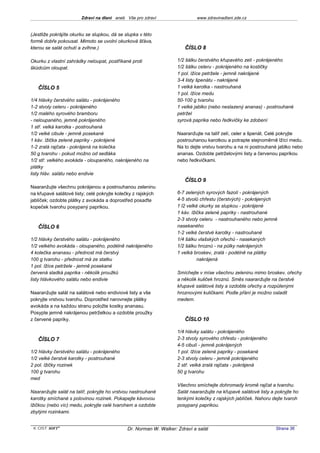 Zdraví na dlani aneb Vše pro zdraví                  www.zdravinadlani.zde.cz


(Jestliže pokrájíte okurku se slupkou, dá se slupka v této
formě dobře pokousat. Mimoto se uvolní okurková šťáva,
kterou se salát ochutí a zvlhne.)                                      ČÍSLO 8

Okurku z vlastní zahrádky neloupat, postříkané proti                1/2 šálku čerstvého křupavého zelí - pokrájeného
škůdcům oloupat.                                                    1/2 šálku celeru - pokrájeného na kostičky
                                                                    1 pol. lžíce petržele - jemně nakrájené
                                                                    3-4 listy špenátu - nakrájené
   ČÍSLO 5                                                          1 velká karotka - nastrouhaná
                                                                    1 pol. lžíce medu
1/4 hlávky čerstvého salátu - pokrájeného                           50-100 g tvarohu
1-2 stvoly celeru - pokrájeného                                     1 velké jablko (nebo neslazený ananas) - postrouhané
1/2 malého syrového bramboru                                        petržel
- neloupaného, jemně pokrájeného                                    syrová paprika nebo ředkvičky ke zdobení
1 stř. velká karotka - postrouhaná
1/2 velké cibule - jemně posekané                                   Naaranžujte na talíř zelí, celer a špenát. Celé pokryjte
1 káv. lžička zelené papriky - pokrájené                            postrouhanou karotkou a potrapte stejnoměrně lžící medu.
1-2 zralá rajčata - pokrájená na kolečka                            Na to dejte vrstvu tvarohu a na ni postrouhané jablko nebo
50 g tvarohu - pokud možno od sedláka                               ananas. Ozdobte petrželovými listy a červenou paprikou
1/2 stř. velkého avokáda - oloupaného, nakrájeného na               nebo ředkvičkami.
plátky
listy hláv. salátu nebo endivie
                                                                       ČÍSLO 9
Naaranžujte všechnu pokrájenou a postrouhanou zeleninu
na křupavé salátové listy; celé pokryjte kolečky z rajských         6-7 zelených syrových fazolí - pokrájených
jablíček; ozdobte plátky z avokáda a doprostřed posaďte             4-5 stvolů chřestu (čerstvých) - pokrájených
kopeček tvarohu posypaný paprikou.                                  1 l2 velké okurky se slupkou - pokrájené
                                                                    1 káv. lžička zelené papriky - nastrouhané
                                                                    2-3 stvoly celeru - nastrouhaného nebo jemně
   ČÍSLO 6                                                          nasekaného
                                                                    1-2 velké čerstvé karotky - nastrouhané
1/2 hlávky čerstvého salátu - pokrájeného                           1/4 šálku vlašských ořechů - nasekaných
1/2 velkého avokáda - oloupaného, podélně nakrájeného               1/2 šálku hroznů - na půlky nakrájených
4 kolečka ananasu - přednost má čerstvý                             1 velká broskev, zralá - podélně na plátky
100 g tvarohu - přednost má ze statku                                         nakrájená
1 pol. lžíce petržele - jemně posekané
červená sladká paprika - několik proužků                            Smíchejte v míse všechnu zeleninu mimo broskev, ořechy
listy hlávkového salátu nebo endivie                                a několik kuliček hroznů. Směs naaranžujte na čerstvé
                                                                    křupavé salátové listy a ozdobte ořechy a rozpůlenými
Naaranžujte salát na salátové nebo endiviové listy a vše            hroznovými kuličkami. Podle přání je možno osladit
pokryjte vrstvou tvarohu. Doprostřed narovnejte plátky              medem.
avokáda a na každou stranu položte kostky ananasu.
Posypte jemně nakrájenou petrželkou a ozdobte proužky
z červené papriky.                                                     ČÍSLO 10

                                                                    1/4 hlávky salátu - pokrájeného
   ČÍSLO 7                                                          2-3 stvoly syrového chřestu - pokrájeného
                                                                    4-5 cibulí - jemně pokrájených
1/2 hlávky čerstvého salátu - pokrájeného                           1 pol. lžíce zelené papriky - posekané
1/2 velké čerstvé karotky - postrouhané                             2-3 stvoly celeru - jemně pokrájeného
2 pol. lžičky rozinek                                               2 stř. velká zralá rajčata - pokrájená
100 g tvarohu                                                       50 g tvarohu
med
                                                                    Všechno smíchejte dohromady kromě rajčat a tvarohu.
Naaranžujte salát na talíř, pokryjte ho vrstvou nastrouhané         Salát naaranžujte na křupavé salátové listy a pokryjte ho
karotky smíchané s polovinou rozinek. Pokapejte kávovou             tenkými kolečky z rajských jablíček. Nahoru dejte tvaroh
lžičkou (nebo víc) medu, pokryjte celé tvarohem a ozdobte           posypaný paprikou.
zbylými rozinkami.


 KOST SOFT ®                                  Dr. Norman W. Walker: Zdraví a salát                                Strana 36
 