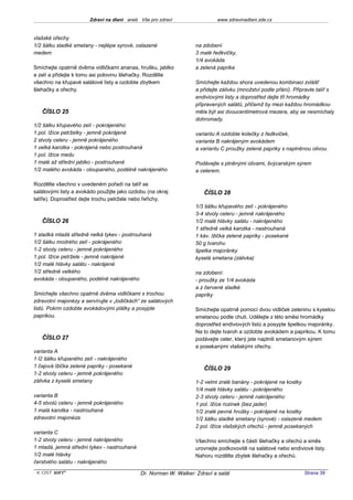 Zdraví na dlani aneb Vše pro zdraví                  www.zdravinadlani.zde.cz


vlašské ořechy
1/2 šálku sladké smetany - nejlépe syrové, oslazené                na zdobení
medem                                                              3 malé ředkvičky,
                                                                   1/4 avokáda
Smíchejte opatrně dvěma vidličkami ananas, hrušku, jablko          a zelená paprika
a zelí a přidejte k tomu asi polovinu šlehačky. Rozdělte
všechno na křupavé salátové listy a ozdobte zbytkem                Smíchejte každou shora uvedenou kombinaci zvlášť
šlehačky a ořechy.                                                 a přidejte zálivku (množství podle přání). Připravte talíř s
                                                                   endiviovými listy a doprostřed dejte tři hromádky
                                                                   připravených salátů, přičemž by mezi každou hromádkou
   ČÍSLO 25                                                        měla být asi dvoucentimetrová mezera, aby se nesmíchaly
                                                                   dohromady.
1/2 šálku křupavého zelí - pokrájeného
1 pol. lžíce petrželky - jemně pokrájené                           variantu A ozdobte kolečky z ředkviček,
2 stvoly celeru - jemně pokrájeného                                varianta B nakrájeným avokádem
1 velká karotka - pokrájená nebo postrouhaná                       a variantu C proužky zelené papriky s naplněnou olivou.
1 pol. lžíce medu
1 malé až střední jablko - postrouhané                             Podávejte s plněnými olivami, švýcarským sýrem
1/2 malého avokáda - oloupaného, podélně nakrájeného               a celerem.

Rozdělte všechno v uvedeném pořadí na talíř se
salátovými listy a avokádo použijte jako ozdobu (na okraj             ČÍSLO 28
talíře). Doprostřed dejte trochu petržele nebo řeřichy.
                                                                   1/3 šálku křupavého zelí - pokrájeného
                                                                   3-4 stvoly celeru - jemně nakrájeného
   ČÍSLO 26                                                        1/2 malé hlávky salátu - nakrájeného
                                                                   1 středně velká karotka - nastrouhaná
1 sladká mladá středně nelká tykev - postrouhaná                   1 káv. lžička zelené papriky - posekané
1/2 šálku modrého zelí - pokrájeného                               50 g tvarohu
1-2 stvoly celeru - jemně pokrájeného                              špetka majoránky
1 pol. lžíce petržele - jemně nakrájené                            kyselá smetana (zálivka)
1/2 malé hlávky salátu - nakrájené
1/2 středně velkého                                                na zdobení:
avokáda - oloupaného, podélně nakrájeného                          - proužky ze 1/4 avokáda
                                                                   a z červené sladké
Smíchejte všechno opatrně dvěma vidličkami s trochou               papriky
zdravotní majonézy a servírujte v „lodičkách“ ze salátových
listů. Pokrm ozdobte avokádovými plátky a posypte                  Smíchejte opatrně pomocí dvou vidliček zeleninu s kyselou
paprikou.                                                          smetanou podle chuti. Udělejte z této směsi hromádky
                                                                   doprostřed endiviových listů a posypte špetkou majoránky.
                                                                   Na to dejte tvaroh a ozdobte avokádem a paprikou. K tomu
   ČÍSLO 27                                                        podávejte celer, který jste naplnili smetanovým sýrem
                                                                   a posekanými vlašskými ořechy.
varianta A
1 l2 šálku křupaného zelí - nakrájeného
1 čajová lžička zelené papriky - posekané                             ČÍSLO 29
1-2 stvoly celeru - jemně pokrájeného
zálivka z kyselé smetany                                           1-2 velmi zralé banány - pokrájené na kostky
                                                                   1/4 malé hlávky salátu - pokrájeného
varianta B                                                         2-3 stvoly celeru - jemně nakrájeného
4-5 stvolů celeru - jemně pokrájeného                              1 pol. lžíce rozinek (bez jader)
1 malá karotka - nastrouhaná                                       1/2 zralé pevné hrušky - pokrájené na kostky
zdravotní majonéza                                                 1/2 šálku sladké smetany (syrové) - oslazené medem
                                                                   2 pol. lžíce vlašských ořechů - jemně posekaných
varianta C
1-2 stvoly celeru - jemně nakrájeného                              Všechno smíchejte s částí šlehačky a ořechů a směs
1 mladá, jemná střední tykev - nastrouhaná                         urovnejte podkovovitě na salátové nebo endiviové listy.
1/2 malé hlávky                                                    Nahoru rozdělte zbytek šlehačky a ořechů.
čerstvého salátu - nakrájeného
 KOST SOFT ®                                 Dr. Norman W. Walker: Zdraví a salát                                 Strana 39
 