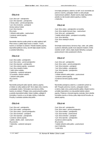 Zdraví na dlani aneb Vše pro zdraví                  www.zdravinadlani.zde.cz


                                                                    Urovnejte pokrájenou zeleninu na talíř, na to navrstvěte asi
                                                                    polovinu tvarohu, pokapejte medem a celé pokryjte
   ČÍSLO 43                                                         nastrouhaným jablkem. Zbytek tvarohu dejte doprostřed,
                                                                    položte na něj kroužek zelené papriky a růžičku
2 pol. lžíce zelí - nakrájeného                                     z ředkvičky.
2 pol. lžíce špenátu - pokrájeného
2 stvoly celeru - jemně pokrájeného
1 pol. lžíce brokolice - pokrájené                                     ČÍSLO 46
čerstvý zelený hrášek
2 pol. lžíce tvarohu,                                               2 pol. lžíce celeru - pokrájeného na kostičky
50 g medu                                                           2 pol. lžíce sladké červené řepy - nastrouhané
1 středně velké jablko - nastrouhané                                2 pol. lžíce zelí - pokrájeného
1 prstenec zelené papriky                                           1 sladké střední jablko - pokrájené na kostičky
1 ředkvička                                                         2 pol. lžíce šlehačky
                                                                    2 pol. lžíce vlašských ořechů
Navrstvěte všechno podle pořadí na velký salátový talíř.            med
Před vrstvou z jablka dejte tvaroh s medem. Trochu
tvarohu si nechejte na zdobení. Položte kolečko papriky             Smíchejte nastrouhanou červenou řepu, celer, zelí, jablko
doprostřed jablkové vrstvy, dovnitř dejte zbytek tvarohu            a polovinu šlehačky (podle chuti oslazené medem). Směs
a ozdobte ředkvičkou.                                               rozložte na talíř, nahoru dejte zbytek šlehačky a posypte
                                                                    postrouhanými nebo posekanými ořechy.

   ČÍSLO 44
                                                                       ČÍSLO 47
2 pol. lžíce salátu - pokrájeného
2 pol. lžíce celeru - jemně pokrájeného                             2 pol. lžíce zelí - pokrájeného
2 pol. lžíce špenátu - pokrájeného                                  2 pol. lžíce celeru - jemně pokrájeného
1 pol. lžíce zelené papriky - posekané                              1 pol. lžíce brokolice - pokrájené
2 pol. lžíce mladého hrášku                                         1 pol. lžíce květáku - pokrájeného
1 větší růžice květáku                                              1 pol. lžíce špenátu - pokrájeného
3 ředkvičky - ozdobně nakrojené                                     50 g tvarohu
1/2 avokáda, středně velkého                                        1 sladké středně veliké jablko - postrouhané
1 středně velké jablko                                              1 prstenec zelené papriky
50 g tvarohu                                                        2 prstence červené papriky sladké
med                                                                 med

Navrstvěte postupně salát, špenát, zelenou papriku                  Navrstvěte pokrájenou zeleninu v uvedeném pořadí na
a hrášek na velký salátový talíř. Na to dejte vrstvu tvarohu        talíř. Posypte polovinou tvarohu, pokapejte medem
a pokapejte medem. Schovejte si asi kávovou lžičku                  a nahoru dejte vrstvu postrouhaného jablka. Zbytek tvarohu
tvarohu na zdobení. Přidejte vrstvu postrouhaného jablka            umístěte doprostřed a na něj položte kolečko zelené
a položte doprostřed květák. Kolem květáku udělejte tři             papriky. Prstence z červené papriky rozkrojte, třemi obložte
hromádky z tvarohu a na ně dejte růžičky z ředkviček.               hromádku tvarohu a čtvrtou půlku dejte dovnitř kroužku ze
Proužky z avokáda ozdobte okraj talíře.                             zelené papriky.



   ČÍSLO 45                                                            ČÍSLO 48

2 pol. lžíce zelí - pokrájeného                                     2 pol. lžíce zelí - pokrájeného
2 pol. lžíce salátu - pokrájeného                                   2 pol. lžíce celeru - jemně pokrájeného
1 pol. lžíce celeru - jemně pokrájeného                             1 pol. lžíce květáku - pokrájeného
1 pol. lžíce brokolice - pokrájené                                  1 pol. lžíce karotky - postrouhané
1 pol. lžíce špenátu - pokrájeného                                  1 pol. lžíce brokolice - pokrájené
1 prstenec zelené papriky                                           1 pol. lžíce špenátu - pokrájeného
1 jablko, sladké, zralé - nastrouhané                               3 prstence zelené papriky
50 g tvarohu                                                        50 g tvarohu
1 ředkvička - ozdobně nakrojená                                     1 sladké středně velké jablko - postrouhané
med                                                                 med 3 ředkvičky
                                                                    1 zralá oliva


 KOST SOFT ®                                  Dr. Norman W. Walker: Zdraví a salát                                 Strana 42
 