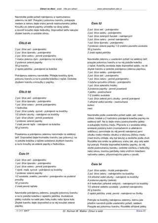 Zdraví na dlani aneb Vše pro zdraví                  www.zdravinadlani.zde.cz


Navrstvěte podle pořadí nakrájenou a nastrouhanou
zeleninu na talíř. Posypte ji polovinou tvarohu, pokapejte
medem a nahoru dejte vrstvu jemně nastrouhaného jablka.                Číslo 52
Kroužky ze zelené papriky umístěte na okraj salátu
a dovnitř kroužků dejte ředkvičky. Doprostřed talíře nakupte        2 pol. lžíce zelí - pokrájeného
zbytek tvarohu a ozdobte olivou.                                    2 pol. lžíce salátu - pokrájeného
                                                                    1 pol. lžíce zelených fazolek - nakrájených
                                                                    2 pol. lžíce celeru - jemně nakrájeného
   ČÍSLO 49                                                         1 pol. lžíce špenátu - pokrájeného
                                                                    1 prstenec zelené papriky 1 l2 zralého pevného avokáda
2 pol. lžíce zelí - pokrájeného                                     50 g tvarohu
2 pol. lžíce špenátu - pokrájeného                                  2 zralá rajská jablíčka
2 pol. lžíce celeru - jemně pokrájeného
1 malou zelenou dýni - pokrájenou na kostky                         Navrstvěte zeleninu v uvedeném pořadí na salátový talíř,
2 prstence zelené papriky                                           posypte polovinou tvarohu a na něj položte kolečka
50 g tvarohu                                                        z rajčat. Kostičky avokáda dejte doprostřed salátu, na ně
2 rajská jablíčka - pokrájená na kolečka                            zbytek tvarohu a ozdobte pokrájenou zelenou paprikou.
                                                                    1 pol. lžíce salátu - pokrájeného
Pokrájenou zeleninu navrstvěte. Přidejte kostičky dýně,             2.pol. lžíce zelí - pokrájeného
polovinu tvarohu a na to položte kolečka z rajčat. Ozdobte          1 pol. lžíce celeru - jemně pokrájeného
zbytkem tvarohu a kroužky z papriky.                                1 lodyha syrového chřestu - pokrájeného
                                                                    1 pol. lžíce zeleného hrášku
                                                                    3 prstence papriky - jemně posekané
   ČÍSLO 50                                                         1 jablko - postrouhané
                                                                    1 l2 zralého avokáda
2 pol. lžíce zelí - pokrájeného                                     1 pol. lžíce zelené jarní cibulky - jemně pokrájené
1 pol. lžíce špenátu - pokrájeného                                  1 středně velká karotka - nastrouhaná
1 pol. lžíce celeru - jemně pokrájeného                             koření
1 ředkvička                                                         med
2 pol. lžíce cukety, syrové - pokrájené na kostičky
1/2 střední okurky - nakrájené na kostičky                          Navrstvěte podle uvedeného pořadí salát, zelí, celer,
1 pol. lžíce cibule - jemně posekané                                chřest, hrášek a 2 nadrobno pokrájená kolečka papriky na
1 prstenec zelené papriky                                           salátový talíř. Na to dejte vrstvu postrouhaného jablka
1 zralé pevné rajče - nakrájené na kolečka                          a pokapejte trochou medu. Připravte si z avokáda lehký,
50 g tvarohu                                                        smetaně podobný krém (rozmačkáním a ušleháním
                                                                    vidličkou); zamíchejte do něj jemně nakrájenou jarní
Posekanou a pokrájenou zeleninu narovnejte na salátový              cibulku (nebo mladou cibulku) s kávovou lžičkou medu
talíř. Doprostřed dejte hromádku tvarohu (asi polovinu), na         (med trochu ohřejte, aby byl tekutý) a okořeňte podle chuti.
ni položte kolečka z rajčete ozdobená zbytkem tvarohu               Rozdělte tuto směs na jablkovou vrstvu tak, aby celý salát
a na to kroužky ze zelené papriky s ředkvičkou.                     byl pokrytý. Položte doprostřed kolečko papriky, do něj
                                                                    vložte postrouhanou karotku. ozdobte růžičkou z ředkvičky
                                                                    nebo olivou, trochou petrželky nebo vnitřním lístečkem
   Číslo 51                                                         naťového celeru, připomínajícího palmu v poušti.

2 pol. lžíce zelí - pokrájeného
1 pol. lžíce špenátu - pokrájeného                                     Číslo 54
2 pol. lžíce celeru - jemně pokrájeného
1 dýně, malá, syrová - pokrájená na kostičky                        2 pol. lžíce salátu - hrubě pokrájeného
1 prstenec zelené papriky                                           2 pol. lžíce celeru - nakrájeného na kostičky
1/2 avokáda, zralého, pevného - pokrájeného na podélné              1/4 středně velké okurky - nakrájené na kostičky
proužky                                                             4 prstence papriky (zelené)
50 g tvarohu                                                        4-6 ředkviček (středně velkých) - nakrájených na kostičky
2 zralá pevná rajčata                                               1/2 středně velkého avokáda - podélně nakrájeného
                                                                    50 g tvarohu
Navrstvěte pokrájenou zeleninu, posypte polovinou tvarohu           2 rajská jablíčka, zralá, pevná - nakrájená na čtvrtky
a na to položte kolečka z rajského jablíčka. Avokádové
plátky rozložte na salát jako lístky květu nebo špice kola.         Pokryjte na kostičky nakrájenou zeleninu, kterou jste
Zbytek tvarohu dejte doprostřed a na něj kroužek zelené             předtím navrstvili podle uvedeného pořadí, salátem.
papriky.                                                            Posypte asi polovinou tvarohu. Rozdělte střídavě plátky
 KOST SOFT ®                                  Dr. Norman W. Walker: Zdraví a salát                                Strana 43
 