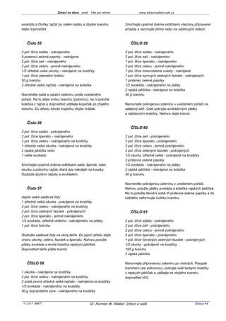 Zdraví na dlani aneb Vše pro zdraví                   www.zdravinadlani.zde.cz


avokáda a čtvrtky rajčat po celém salátu a zbytek tvarohu             Smíchejte opatrně dvěma vidličkami všechny připravené
dejte doprostřed.                                                     přísady a servírujte přímo nebo na salátových listech.



   Číslo 55                                                              ČÍSLO 59

2 pol. lžíce salátu - nakrájeného                                     2 pol. lžíce salátu - nakrájeného
5 prstenců zelené papriky - nakrájené                                 2 pol. lžíce zelí - nakrájeného
2 pol. lžíce zelí - nakrájeného                                       1 pol. lžíce špenátu - nakrájeného
2 pol. lžíce celeru - jemně nakrájeného                               2 pol. lžíce celeru - jemně nakrájeného
1/2 středně velké okurky - nakrájené na kostičky                      1 pol. lžíce tmavozelené cukety - nakrájené
1 pol. lžíce zeleného hrášku                                          1 pol. lžíce syrových zelených fazolek - nakrájených
50 g tvarohu                                                          1 prstenec zelené papriky
2 středně velká rajčata - nakrájená na kolečka                        1/2 avokáda - nakrájeného na plátky
                                                                      2 rajská jablíčka - nakrájená na kolečka
Navrstvěte salát a ostatní zeleninu podle uvedeného                   50 g tvarohu
pořadí. Na to dejte vrstvu tvarohu (polovinu), na ni položte
kolečka z rajčat a doprostřed udělejte kopeček ze zbylého             Narovnejte pokrájenou zeleninu v uvedeném pořadí na
tvarohu. Do středu tohoto kopečku vložte hrášek.                      salátový talíř. Celé pokryjte avokádovými plátky
                                                                      a rajčatovými kolečky. Nahoru dejte tvaroh.

   Číslo 56
                                                                         ČÍSLO 60
2 pol. lžíce salátu - pokrájeného
2 pol. lžíce špenátu - nakrájeného                                    2 pol. lžíce zelí - pokrájeného
2 pol. lžíce celeru - nakrájeného na kostičky                         2 pol. lžíce špenátu - pokrájeného
1 středně velká okurka - nakrájená na kostičky                        2 pol. lžíce celeru - jemně pokrájeného
2 rajská jablíčka nebo                                                2 pol. lžíce zelených fazolek - pokrájených
1 velké avokádo                                                       1/2 okurky, středně velké - pokrájené na kostičky
                                                                      3 prstence zelené papriky
Smíchejte opatrně dvěma vidličkami salát, špenát, celer,              1/2 avokáda - nakrájeného na plátky
okurku a polovinu rajčat, která jste nakrájeli na kousky.             2 rajská jablíčka - nakrájená na kolečka
Ozdobte zbylými rajčaty a avokádem.                                   50 g tvarohu

                                                                      Navrstvěte pokrájenou zeleninu v uvedeném pořadí.
   Číslo 57                                                           Nahoru položte plátky avokáda a kolečka rajských jablíček.
                                                                      Na to položte těsně k sobě tři prstence zelené papriky a do
stejně velké salátové listy                                           každého naformujte kuličku tvarohu.
1 středně velká okurka - pokrájená na kostičky
2 pol. lžíce celeru - nakrájeného na kostičky
2 pol. lžíce zelených fazolek - pokrájených                              ČÍSLO 61
2 pol. lžíce špenátu - jemně nakrájeného
1/2 avokáda, středně velkého - nakrájeného na plátky                  2 pol. lžíce salátu - pokrájeného
1 pol. lžíce tvarohu                                                  2 pol. lžíce zelí - pokrájeného
                                                                      2 pol. lžíce celeru - jemně pokrájeného
Rozložte salátové listy na okraj talíře. Do jejich středu dejte       2 pol. lžíce špenátu - pokrájeného
vrstvu okurky, celeru, fazolek a špenátu. Nahoru položte              1 pol. lžíce čerstvých zelených fazolek - pokrájených
plátky avokáda a tenká kolečka rajských jablíček.                     1/2 okurky - pokrájené na kostičky
Doprostřed talíře přijde tvaroh.                                      100 g tvarohu
                                                                      2 rajská jablíčka

   ČÍSLO 58                                                           Narovnejte připravenou zeleninu po vrstvách. Posypte
                                                                      tvarohem (asi polovinou), pokryjte celé tenkými kolečky
1 okurka - nakrájená na kostičky                                      z rajských jablíček a udělejte ze zbylého tvarohu
2 pol. lžíce celeru - nakrájeného na kostičky                         doprostřed kříž.
2 zralá pevná středně velká rajčata - nakrájená na kostičky
1/2 avokáda - nakrájeného na kostičky
50 g švýcarského sýra - nakrájeného na kostičky


 KOST SOFT ®                                    Dr. Norman W. Walker: Zdraví a salát                                Strana 44
 