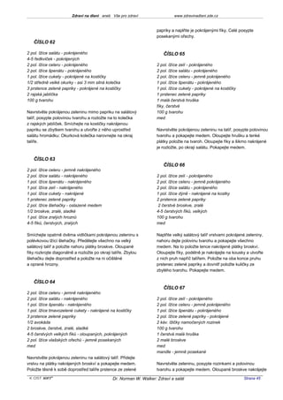 Zdraví na dlani aneb Vše pro zdraví                  www.zdravinadlani.zde.cz


                                                                    papriky a naplňte je pokrájenými fíky. Celé posypte
                                                                    posekanými ořechy.
   ČÍSLO 62

2 pol. lžíce salátu - pokrájeného                                      ČÍSLO 65
4-5 ředkviček - pokrájených
2 pol. lžíce celeru - pokrájeného                                   2 pol. lžíce zelí - pokrájeného
2 pol. lžíce špenátu - pokrájeného                                  2 pol. lžíce salátu - pokrájeného
1 pol. lžíce cukety - pokrájené na kostičky                         2 pol. lžíce celeru - jemně pokrájeného
1/2 středně velké okurky - asi 3 mm silná kolečka                   1 pol. lžíce špenátu - pokrájeného
3 prstence zelené papriky - pokrájené na kostičky                   1 pol. lžíce cukety - pokrájené na kostičky
2 rajská jablíčka                                                   1 prstenec zelené papriky
100 g tvarohu                                                       1 malá čerstvá hruška
                                                                    fíky, čerstvé
Navrstvěte pokrájenou zeleninu mimo papriku na salátový             100 g tvarohu
talíř, posypte polovinou tvarohu a rozložte na to kolečka           med
z rajských jablíček. Smíchejte na kostičky nakrájenou
papriku se zbytkem tvarohu a utvořte z něho uprostřed               Navrstvěte pokrájenou zeleninu na talíř, posypte polovinou
salátu hromádku: Okurková kolečka narovnejte na okraj               tvarohu a pokapejte medem. Oloupejte hrušku a tenké
talíře.                                                             plátky položte na tvaroh. Oloupejte fíky a šikmo nakrájené
                                                                    je rozložte, po okraji salátu. Pokapejte medem.

   ČÍSLO 63
                                                                       ČÍSLO 66
2 pol. lžíce celeru - jemně nakrájeného
2 pol. lžíce salátu - nakrájeného                                   2 pol. lžíce zelí - pokrájeného
1 pol. lžíce špenátu - nakrájeného                                  2 pol. lžíce celeru - jemně pokrájeného
1 pol. lžíce zelí - nakrájeného                                     2 pol. lžíce salátu - pokrájeného
1 pol. lžíce cukety - nakrájené                                     1 pol. lžíce dýně - nakrájené na kostky
1 prstenec zelené papriky                                           2 prstence zelené papriky
2 pol. lžíce šlehačky - oslazené medem                               2 čerstvé broskve, zralé
1/2 broskve, zralé, sladké                                          4-5 čerstvých fíků, velkých
1 pol. lžíce zralých hroznů                                         100 g tvarohu
4-5 fíků, čerstvých, zralých                                        med

Smíchejte opatrně dvěma vidličkami pokrájenou zeleninu s            Naplňte velký salátový talíř vrstvami pokrájené zeleniny,
polévkovou lžící šlehačky. Předělejte všechno na velký              nahoru dejte polovinu tvarohu a pokapejte všechno
salátový talíř a položte nahoru plátky broskve. Oloupané            medem. Na to položte tence nakrájené plátky broskví.
fíky rozkrojte diagonálně a rozložte po okraji talíře. Zbylou       Oloupejte fíky, podélně je nakrájejte na kousky a utvořte
šlehačku dejte doprostřed a položte na ni očištěné                  z nich pruh napříč talířem. Položte na oba konce pruhu
a oprané hrozny.                                                    prstenec zelené papriky a dovnitř položte kuličky ze
                                                                    zbylého tvarohu. Pokapejte medem.

   ČÍSLO 64
                                                                       ČÍSLO 67
2 pol. lžíce celeru - jemně nakrájeného
2 pol. lžíce salátu - nakrájeného                                   2 pol. lžíce zelí - pokrájeného
1 pol. lžíce špenátu - nakrájeného                                  2 pol. lžíce celeru - jemně pokrájeného
1 pol. lžíce tmavozelené cukety - nakrájené na kostičky             1 pol. lžíce špenátu - pokrájeného
3 prstence zelené papriky                                           2 pol. lžíce zelené papriky - pokrájené
1/2 avokáda                                                         2 káv. lžičky namočených rozinek
2 broskve, čerstvé, zralé, sladké                                   100 g tvarohu
4-5 čerstvých velkých fíků - oloupaných, pokrájených                1 čerstvá malá hruška
2 pol. lžíce vlašských ořechů - jemně posekaných                    2 malé broskve
med                                                                 med
                                                                    mandle - jemně posekané
Navrstvěte pokrájenou zeleninu na salátový talíř. Přidejte
vrstvu na plátky nakrájených broskví a pokapejte medem.             Navrstvěte zeleninu, posypte rozinkami a polovinou
Položte těsně k sobě doprostřed talíře prstence ze zelené           tvarohu a pokapejte medem. Oloupané broskve nakrájejte
 KOST SOFT ®                                  Dr. Norman W. Walker: Zdraví a salát                                Strana 45
 