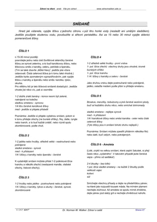 Zdraví na dlani aneb Vše pro zdraví                   www.zdravinadlani.zde.cz




                                                           SNÍDANĚ
   Hned jak vstanete, vypijte šťávu z jednoho citronu v půl litru horké vody (nesladit ani umělým sladidlem).
Jestliže použijete studenou vodu, povzbudíte si střevní peristaltiku. Asi za 15 nebo 30 minut vypijte sklenici
pomerančové šťávy.



   ČÍSLO 1

o 15-30 minut později:                                                  ČÍSLO 4
posnídejte jednu nebo dvě čtvrtlitrové skleničky čerstvé
šťávy ze syrové zeleniny, a to buď karotkovou šťávu, nebo            1-2 středně velké hrušky - první vrstva
šťávovou směs z karotky, celeru, petržele a špenátu.                 1- pol. lžíce ořechů všechny druhy jsou vhodné, kromě
(Tím se také zbavíte „těžké hlavy“, jestliže jste včera              burských oříšků
oslavovali. Čistá celerová šťáva je k tomu také vhodná.)             1- pol. lžíce tvarohu
Jestliže trpíte zpomaleným vyprazdňováním, pak vypijte               1 /4 l šťávy z karotky a celeru - čerstvé
šťávu z karotky a špenátu nebo směs: karotka, tykev,
okurka.                                                              Jako druhou vrstvu dejte postrouhané nebo pokrájené,
Pro většinu lidí je tato šťávová snídaně dostačující. Jestliže       jablko, oslaďte medem podle přání a přidejte smetanu.
chcete jíst něco víc, pak si vezměte:

1-2 dobře zralé banány - konce nesmí být zelené,                        ČÍSLO 5
nakrájené na kolečka
sladkou smetanu - syrovou                                            Broskve, meruňky, bobuloviny a jiné čerstvé sezónní plody,
1/4 litru čerstvé karotkové šťávy                                    buď od každého druhu něco, nebo smíchat dohromady
med - jestliže si přejete přisladit
                                                                     sladká smetana - nejlépe syrová
Poznámka: Jestliže si přejete vydatnou snídani, potom si             med - k přislazení
k tomu přidejte ořechy (ne burské oříšky), fíky, datle, ryngle       1/4 l karotkové šťávy nebo směsi karotka - celer nebo čisté
nebo tvaroh, a to buď každé zvlášť, nebo různě spolu                 celerové šťávy
zkombinované, podle chuti.                                           (Tyto šťávy jsou k snídani tohoto druhu nejlepší.)

                                                                     Poznámka: Snídani můžete zpestřit přidáním několika fíků
   ČÍSLO 2                                                           nebo datlí, buď celých, nebo pokrájených.

1-2 jablka nebo hrušky, středně velká - nastrouhaná nebo
pokrájená                                                               ČÍSLO 6 - Amoleta
sladká smetana - syrová
med - k přislazení                                                   (Lidé, zvyklí na velkou snídani, která zaplní žaludek, si přejí
1/4 l šťávy z karotky nebo špenátu - čerstvé                         často něco „vydatného“. V takovém případě jezte čerstvá
                                                                     vejce - přímo od sedláka!)
K vydatnější snídani můžete přidat 1-2 polévkové lžíce
tvarohu a několik ořechů (neslazené mandle, vlašské                  2-4 žloutky - bez bílků
ořechy, lískové ořechy).                                             1 pol. lžíce sladké smetany - na každé 2 žloutky podle
                                                                     velikostí vajec
                                                                     koření
   ČÍSLO 3                                                           sůl

1-2 hrušky nebo jablka - postrouhané nebo pokrájené                  Smíchejte všechny přísady a dejte na předehřátou pánev,
1/4 l šťávy z karotky, tykve a okurky - čerstvé, syrové,             na které jste rozpustili kousek másla. Na mírném plameni
zkombinované                                                         nechejte ztuhnout. Až amoleta ve spodu mírně zhnědne,
                                                                     dejte pánev pod slabý gril a nechejte zhnědnout nahoře.




 KOST SOFT ®                                   Dr. Norman W. Walker: Zdraví a salát                                  Strana 47
 