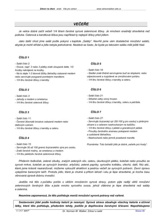 Zdraví na dlani aneb Vše pro zdraví                 www.zdravinadlani.zde.cz




                                                        VEČEŘE
   Je velice dobré začít večeři 1/4 litrem čerstvé syrové zeleninové šťávy. Je mnohem snadněji stravitelná než
polévka. Celerová a karotková šťáva jsou například ty nejlepší šťávy před jídlem.

   Jako další chod jíme salát podle pokynů v kapitole „Saláty“. Navrhli jsme vám dostatečné množství salátů,
abyste je mohli střídat a jídla nebyla jednotvárná. Nestává se často, že byste po takovém salátu měli ještě hlad.



   ČÍSLO 1

- Salát číslo 2:                                                       ČÍSLO 5
- Ovoce, např. 2 nebo 3 plátky zralé oloupané datle, 1/2
hrušky nakrájené na kostky.                                         - Salát číslo 18:
- Na to dejte 1-2 kávové lžičky šlehačky oslazené medem             - Sladké zralé třešně servírujeme buď se stopkami, nebo
nebo servírujte posypané pomletými mandlemi.                        odpeckované a rozpůlené ve zmrzlinovém poháru.
- 1/4 litru čerstvé šťávy z karotky                                 - 1/4 litru čerstvé šťávy z karotky a celeru.



   ČÍSLO 2                                                             ČÍSLO 6

- Salát číslo 3:                                                    - Salát číslo 21:
- Jahody s medem a smetanou                                         - Středně velký vinný hrozen.
- 1/4 litru čerstvé celerové šťávy                                  - 1/4 litru čerstvé šťávy z karotky, celeru a petržele.



   ČÍSLO 3                                                             ČÍSLO 7

- Salát číslo 11:                                                   - Salát číslo 27:
- Čerstvé šťavnaté broskve oslazené medem nebo                      - Servírujte švýcarský sýr (50-100 g pro osobu) s plněnými
datlovým cukrem.                                                    olivami a s celerem nastrouhaným na kašičku.
- 1/4 litru čerstvé šťávy z karotky a celeru.                       - 1/4 litru čerstvé šťávy z jablek a granátových jablek.
                                                                    - Proužky čerstvého ananasu pokapané medem
                                                                    a ozdobené šlehačkou.
   ČÍSLO 4                                                          - Nastrouhané nebo jemně posekané mandle.

- Salát číslo 15:                                                   Poznámka: Toto bohatší jídlo je dobrá „večeře pro hosty“.
- Servírujte 50 až 100 gramů švýcarského sýra pro osobu.
- Zralé čerstvé maliny, se smetanou a medem.
- 1/4 litru jakékoliv čerstvé zeleninové šťávy.

   Přidáním ředkviček, zelené cibulky, zralých zelených oliv, celeru, okurkových plátků, koleček nebo proužků ze
syrové mrkve, koleček ze syrových brambor, artyčoků, zelené papriky, syrového květáku, ořechů, datlí, fíků atd.,
které jsme krásně naaranžovali, můžeme vykouzlit atraktivní a pestrou večeři ze syrových potravin. Zevní úpravu
vylepšíme barevnými talíři. Protože jídlo, které je chutné a přitom lahodí i oku je lépe stravitelné, je trocha času
věnovaná úpravě dobrou investicí.

   Jestliže má tělo z počátku potíže s větším množstvím syrové stravy, potom pijte raději větší množství
zeleninových čerstvých šťáv a jezte mnoho syrového ovoce, jehož vláknina je lépe stravitelná než saláty
a zelenina.

   Nesmíme zapomenout, že tělo potřebuje menší množství syrové potravy než vařené.

   Sestavování jídel podle hodnoty kalorií je nesmysl. Syrová strava obsahuje všechny kalorie a účinné
látky, které tělo potřebuje, především tehdy, jestliže je doplňována čerstvými šťávami. Nepotřebujeme
 KOST SOFT ®                                  Dr. Norman W. Walker: Zdraví a salát                                   Strana 49
 