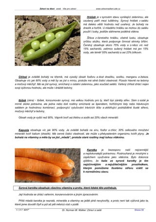 Zdraví na dlani aneb Vše pro zdraví                 www.zdravinadlani.zde.cz



                                                                Hrášek je v syrovém stavu vynikající zeleninou, ale
                                                             usušený patří mezi luštěniny. Syrový hrášek v salátu
                                                             má daleko větší hodnotu než uvařený. Je bohatý na
                                                             draslík a hořčík. U mladého hrášku se mohou do salátu
                                                             použít i lusky, jestliže stáhneme podélná vlákna.

                                                                Šťáva z čerstvého hrášku, včetně lusku, obsahuje
                                                             určitou složku, která podporuje činnost slinivky břišní.
                                                             Čerstvý obsahuje skoro 75% vody a o něco víc než
                                                             15% sacharidů, zatímco sušený hrášek má jen 15%
                                                             vody, ale téměř 55% sacharidů a asi 23% bílkovin.




   Chřest je zvláště bohatý na křemík, má vysoký obsah fosforu a dost draslíku, sodíku, manganu a železa.
Obsahuje víc jak 90% vody a měl by se jíst s mírou, protože má silně čisticí vlastnosti. Působí hlavně na ledviny
a močový měchýř. Má se jíst syrový, smíchaný s ostatní zeleninou, jako součást salátů. Vařený chřest ztrácí nejen
svoji výživnou hodnotu, ale může i dráždit ledviny.



   Ibišek (okra) - Ibišek, konzumován syrový, má velkou hodnotu pro ty, kteří trpí záněty střev. Sám o sobě je
mírně slizká potravina, ale jedna nebo dvě rostliny smíchané se špenátem, hořčičnými listy nebo hlávkovým
salátem je hodnotnou kombinací, podporující vylučování trávicích šťáv a uklidňující podrážděné tlusté střevo,
močový měchýř a ledviny.

   Obsah vody je vyšší než 90%. Vápník tvoří asi třetinu a sodík asi 20% všech minerálií.



   Kapusta obsahuje víc jak 90% vody. Je zvláště bohatá na síru, fosfor a chlor; 30% celkového množství
minerálií tvoří kalium (draslík). Má cenné čisticí vlastnosti, ale může v překyseleném organizmu tvořit plyny. Je
bohatá na vitaminy a měla by se jíst „mladá“, protože staré rostliny mají tuhou vlákninu.



                                                                 Karotka    je    bezesporu      naší   nejcennější
                                                             a nejdokonalejší potravinou. Postrouhaná je mnohými s
                                                             úspěchem využívána jako vláknina. Bylo dokonce
                                                             zjištěno, že kaše ze syrové karotky je tím
                                                             nejúčinnějším      a nejužitečnějším     prostředkem,
                                                             kterým pomůžeme tlustému střevu vrátit se
                                                             k normálnímu stavu.




   Syrová karotka obsahuje všechny vitaminy a prvky, které lidské tělo potřebuje.

   Její hodnota se ztrácí vařením, konzervováním a jiným zpracováním.

   Příliš mladá karotka je nezralá, minerálie a vitaminy se ještě plně nevytvořily, a proto není tak výživná jako ta,
které jsme dovolili čtyři a půl až pět měsíců růst v půdě.

 KOST SOFT ®                              Dr. Norman W. Walker: Zdraví a salát                           Strana 59
 
