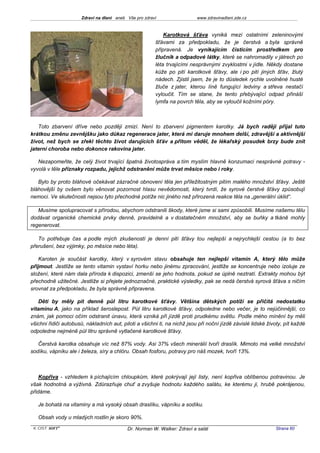 Zdraví na dlani aneb Vše pro zdraví                  www.zdravinadlani.zde.cz



                                                            Karotková šťáva vyniká mezi ostatními zeleninovými
                                                        šťávami za předpokladu, že je čerstvá a byla správně
                                                        připravená. Je vynikajícím čisticím prostředkem pro
                                                        žlučník a odpadové látky, které se nahromadily v játrech po
                                                        léta trvajícími nesprávnými zvyklostmi v jídle. Někdy dostane
                                                        kůže po pití karotkové šťávy, ale i po pití jiných šťáv, žlutý
                                                        nádech. Zjistil jsem, že je to důsledek rychle uvolněné husté
                                                        žluče z jater, kterou líně fungující ledviny a střeva nestačí
                                                        vyloučit. Tím se stane, že tento přebývající odpad přináší
                                                        lymfa na povrch těla, aby se vyloučil kožními póry.



   Toto zbarvení dříve nebo později zmizí. Není to zbarvení pigmentem karotky. Já bych raději přijal tuto
krátkou změnu zevnějšku jako důkaz regenerace jater, která mi daruje mnohem delší, zdravější a aktivnější
život, než bych se zřekl těchto život darujících šťáv a přitom věděl, že lékařský posudek brzy bude znít
jaterní choroba nebo dokonce rakovina jater.

   Nezapomeňte, že celý život trvající špatná životospráva a tím myslím hlavně konzumaci nesprávné potravy -
vyvolá v těle příznaky rozpadu, jejichž odstranění může trvat měsíce nebo i roky.

   Bylo by proto bláhové očekávat zázračné obnovení těla jen příležitostným pitím malého množství šťávy. Ještě
bláhovější by ovšem bylo věnovat pozornost hlasu nevědomosti, který tvrdí, že syrové čerstvé šťávy způsobují
nemoci. Ve skutečnosti nejsou tyto přechodné potíže nic jiného než přirozená reakce těla na „generální úklid“.

   Musíme spolupracovat s přírodou, abychom odstranili škody, které jsme si sami způsobili. Musíme našemu tělu
dodávat organické chemické prvky denně, pravidelně a v dostatečném množství, aby se buňky a tkáně mohly
regenerovat.

   To potřebuje čas a podle mých zkušeností je denní pití šťávy tou nejlepší a nejrychlejší cestou (a to bez
přerušení, bez výjimky, po měsíce nebo léta).

    Karoten je součást karotky, který v syrovém stavu obsahuje ten nejlepší vitamin A, který tělo může
přijmout. Jestliže se tento vitamin vystaví horku nebo jinému zpracování, jestliže se koncentruje nebo izoluje ze
složení, které nám dala příroda k dispozici, zmenší se jeho hodnota, pokud se úplně neztratí. Extrakty mohou být
přechodně užitečné. Jestliže si přejete jednoznačné, praktické výsledky, pak se nedá čerstvá syrová šťáva s ničím
srovnat za předpokladu, že byla správně připravena.

   Děti by měly pít denně půl litru karotkové šťávy. Většina dětských potíží se přičítá nedostatku
vitaminu A, jako na příklad šeroslepost. Půl litru karotkové šťávy, odpoledne nebo večer, je to nejúčinnější, co
znám, jak pomoci očím odstranit únavu, která vzniká při jízdě proti prudkému světlu. Podle mého mínění by měli
všichni řidiči autobusů, nákladních aut, piloti a všichni ti, na nichž jsou při noční jízdě závislé lidské životy, pít každé
odpoledne nejméně půl litru správně vytlačené karotkové šťávy.

   Čerstvá karotka obsahuje víc než 87% vody. Asi 37% všech minerálií tvoří draslík. Mimoto má velké množství
sodíku, vápníku ale i železa, síry a chlóru. Obsah fosforu, potravy pro náš mozek, tvoří 13%.



    Kopřiva - vzhledem k píchajícím chloupkům, které pokrývají její listy, není kopřiva oblíbenou potravinou. Je
však hodnotná a výživná. Zdůrazňuje chuť a zvyšuje hodnotu každého salátu, ke kterému ji, hrubě pokrájenou,
přidáme.

   Je bohatá na vitaminy a má vysoký obsah draslíku, vápníku a sodíku.

   Obsah vody u mladých rostlin je skoro 90%.
 KOST SOFT ®                               Dr. Norman W. Walker: Zdraví a salát                               Strana 60
 