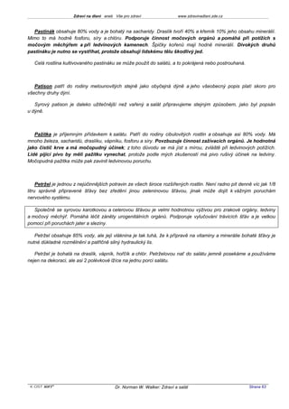 Zdraví na dlani aneb Vše pro zdraví                 www.zdravinadlani.zde.cz



  Pastinák obsahuje 80% vody a je bohatý na sacharidy. Draslík tvoří 40% a křemík 10% jeho obsahu minerálií.
Mimo to má hodně fosforu, síry a chlóru. Podporuje činnost močových orgánů a pomáhá při potížích s
močovým měchýřem a při ledvinových kamenech. Špičky kořenů mají hodně minerálií. Divokých druhů
pastináku je nutno se vystříhat, protože obsahují lidskému tělu škodlivý jed.

   Celá rostlina kultivovaného pastináku se může použít do salátů, a to pokrájená nebo postrouhaná.



   Patison patří do rodiny melounovitých stejně jako obyčejná dýně a jeho všeobecný popis platí skoro pro
všechny druhy dýní.

   Syrový patison je daleko užitečnější než vařený a salát připravujeme stejným způsobem, jako byl popsán
u dýně.



   Pažitka je příjemným přídavkem k salátu. Patří do rodiny cibulovitých rostlin a obsahuje asi 80% vody. Má
mnoho železa, sacharidů, draslíku, vápníku, fosforu a síry. Povzbuzuje činnost zažívacích orgánů. Je hodnotná
jako čistič krve a má močopudný účinek; z toho důvodu se má jíst s mírou, zvláště při ledvinových potížích.
Lidé pijící pivo by měli pažitku vynechat, protože podle mých zkušeností má pivo rušivý účinek na ledviny.
Močopudná pažitka může pak zavinit ledvinovou poruchu.



     Petržel je jednou z nejúčinnějších potravin ze všech široce rozšířených rostlin. Není radno pít denně víc jak 1/8
litru správně připravené šťávy bez zředění jinou zeleninovou šťávou, jinak může dojít k vážným poruchám
nervového systému.

   Společně se syrovou karotkovou a celerovou šťávou je velmi hodnotnou výživou pro zrakové orgány, ledviny
a močový měchýř. Pomáhá léčit záněty urogenitálních orgánů. Podporuje vylučování trávicích šťáv a je velkou
pomocí při poruchách jater a sleziny.

   Petržel obsahuje 85% vody, ale její vláknina je tak tuhá, že k přípravě na vitaminy a minerálie bohaté šťávy je
nutné důkladné rozmělnění a patřičně silný hydraulický lis.

   Petržel je bohatá na draslík, vápník, hořčík a chlór. Petrželovou nať do salátu jemně posekáme a používáme
nejen na dekoraci, ale asi 2 polévkové lžíce na jednu porci salátu.




 KOST SOFT ®                              Dr. Norman W. Walker: Zdraví a salát                           Strana 63
 