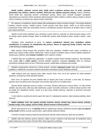 Zdraví na dlani aneb Vše pro zdraví                 www.zdravinadlani.zde.cz



   Každá rostlina, zelenina, ovocný plod, každý ořech a všechna semena jsou ve svém, syrovém,
přirozeném stav složena z atomů a molekul, které jsou bez výjimky nasyceny enzymy. Atomy a molekuly,
tvořící lidské tělo, odpovídají atomům a molekulám potravy, kterou jíme, a působí navzájem synergicky.
(Synergizmus je zesilování účinku kombinací stejně působících látek.) Úkolem a účelem výživy je doplnit a obnovit
atomy a molekuly, ze kterých jsou složeny buňky a tkáně těla.

   Pro vědomou a nevědomou činnost našeho těla spotřebujeme značné množství energie. Tuto energii dodávají
buňkám a tkáním enzymy. Jestliže enzymy v tomto procesu svoji úlohu splnily, vytřídí se na tomto procesu
zúčastněné buňky, které jsou automaticky krevním a lymfatickým proudem dopraveny do tlustého střeva a odtud
jako odpad vyloučeny.

   Jakmile se tyto buňky spotřebují, jsou nahrazeny novými, které se „vybudují“ ze zkonzumované potravy, a tím
se udržuje cyklus výměny energie. Závisí na kvalitě této výměny, jestli budujeme zdraví, energii a vitalitu - nebo
opak.

   Vzhledem k této skutečnosti je jasné, že nemoci a předčasné stárnutí jsou výsledkem našeho
zanedbávání; to znamená, že nedodáváme tělu potravu, kterou se regenerují buňky a tkáně, naše krev
a náš nervový a svalový systém.

   Naše zažívací ústrojí pracuje díky enzymům, které jsou obsaženy v každém živém atomu a molekule, ze
kterých jsou složeny buňky a tkáně našeho těla, a které se podílí na každém výkonu a funkci lidského organizmu.
Enzymy jsou molekuly, které existují v buňkách, mimo ostatních molekul.

   V lidském těle jsou komplikované „laboratoře“, ve kterých vznikají životně důležité substance. Tyto laboratoře
tvoří systém žláz s vnitřní sekrecí a životně důležité substance nazýváme hormony, které se osmózou
(prolínáním) dostávají přímo do krve. Přítomnost enzymů v každé žláze umožňuje tento transfer.

    Důležitou komponentou hormonů je, kromě enzymů, množství stopových prvků, které jsou postřehnutelné,
zjistitelné a viditelné jen za pomoci extrémně výkonných mikroskopů a jiných vědeckých přístrojů.

   Ještě nedávno jsme tyto stopové prvky vůbec neznali. Dnes víme, že je jich nejméně 43 vedle šestnácti
elementů, ze kterých je hmota převážně složena.

   Dnes víme, že nejméně 59 prvků lidského těla se účastní jeho funkcí a činností, a víme také, že absence
jednoho nebo více těchto prvků nebo jejich nerovnováha mají přímý vliv na lidské zdraví.

    Seznam těchto stopových prvků je uveden v mé knize „Čerstvé zeleninové a ovocné šťávy“. Je však životně
důležité, aby tyto prvky v těle byly stále doplňovány a jejich rovnováha udržována. Z tohoto důvodu bychom měli
jíst každý den dostatečně čerstvé, syrové a na tyto prvky bohaté potraviny, abychom si zachovali vyrovnané
a zdravé tělo.

   V naší rodině se snažíme jíst denně aspoň dvě nebo tři z následujících potravin, které obsahují prakticky všech
59 prvků:

   alfalfa (vojtěška), tuřín, zelí, paprika, karotka, kukuřice, okurka, mořské řasy, lískové ořechy, artičoky,
fazolky mungo, olivy, papaya, piniové oříšky, dýňová semena a řeřicha potoční.

   Musím však upozornit na to, že hybridy (křížením vypěstované rostliny), především kukuřice, jsou na stopové
prvky chudé. Snažme se proto, pokud možno, nejíst hybridy (užitkové rostliny).

   V menším množství obsahují stopové prvky přirozeně všechny ostatní potraviny, které zde neuvádíme.

   Jestliže však jíme čerstvou syrovou zeleninu, saláty a ovoce, můžeme si být skoro jisti, že dostáváme celou
paletu stopových prvků a jiných účinných látek, které organizmus potřebuje.



 KOST SOFT ®                              Dr. Norman W. Walker: Zdraví a salát                        Strana 8
 