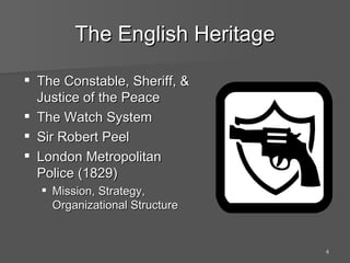 The English Heritage The Constable, Sheriff, & Justice of the Peace The Watch System Sir Robert Peel London Metropolitan Police (1829) Mission, Strategy, Organizational Structure 