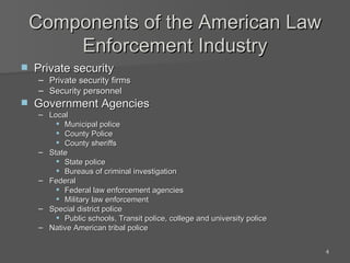 Components of the American Law Enforcement Industry Private security Private security firms Security personnel Government Agencies Local Municipal police County Police County sheriffs State State police Bureaus of criminal investigation Federal Federal law enforcement agencies Military law enforcement Special district police Public schools, Transit police, college and university police Native American tribal police 