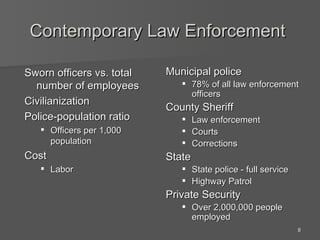 Contemporary Law Enforcement   Sworn officers vs. total number of employees Civilianization Police-population ratio Officers per 1,000 population Cost Labor Municipal police 78% of all law enforcement officers County Sheriff Law enforcement Courts Corrections State State police - full service Highway Patrol Private Security Over 2,000,000 people employed 