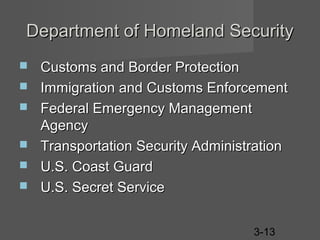 Department of Homeland Security







Customs and Border Protection
Immigration and Customs Enforcement
Federal Emergency Management
Agency
Transportation Security Administration
U.S. Coast Guard
U.S. Secret Service
3-13

 