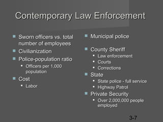 Contemporary Law Enforcement




Sworn officers vs. total
number of employees
Civilianization
Police-population ratio
 Officers per 1,000
population



Cost



Municipal police



County Sheriff






Law enforcement
Courts
Corrections

State
 State police - full service
 Highway Patrol

 Labor


Private Security
 Over 2,000,000 people
employed

3-7

 