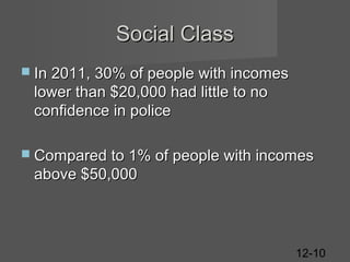 Social Class
 In 2011, 30% of people with incomes

lower than $20,000 had little to no
confidence in police
 Compared to 1% of people with incomes

above $50,000

12-10

 