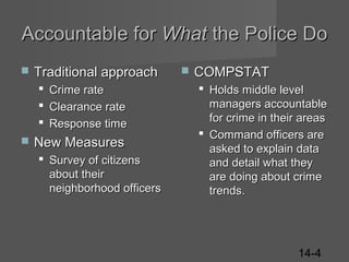 Accountable for What the Police Do


Traditional approach
 Crime rate
 Clearance rate
 Response time



New Measures
 Survey of citizens
about their
neighborhood officers



COMPSTAT
 Holds middle level
managers accountable
for crime in their areas
 Command officers are
asked to explain data
and detail what they
are doing about crime
trends.

14-4

 