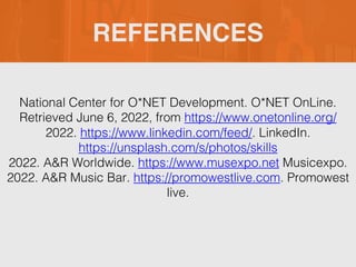 REFERENCES

National Center for O*NET Development. O*NET OnLine.
Retrieved June 6, 2022, from https://www.onetonline.org/
2022. https://www.linkedin.com/feed/. LinkedIn.
https://unsplash.com/s/photos/skills
2022. A&R Worldwide. https://www.musexpo.net Musicexpo.
2022. A&R Music Bar. https://promowestlive.com. Promowest
live.
 