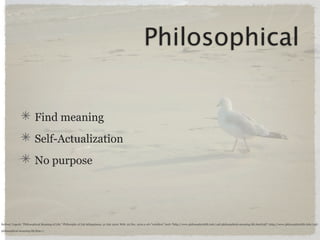Philosophical


                         Find meaning
                         Self-Actualization
                         No purpose




Bailwal, Yogesh. "Philosophical Meaning of Life." Philosophy of Life &Happiness. 31 July 2010. Web. 22 Dec. 2010.a rel="nofollow" href="http://www.philosophyinlife.info/148/philosophical-meaning-life.htm%3E">http://www.philosophyinlife.info/148/

philosophical-meaning-life.htm>;;
 