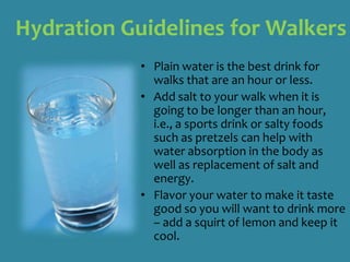 Try a walking stick or poles.  A walking stick is helpful for balance.  To enhance your upper-body workout, use lightweight, rubber-tipped trekking poles.  Source: Mayo Clinic 
