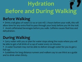 Use hand weights, but carefully.They may alter your arm swing and thus lead to muscle soreness or even injury. If you want to use them, start with one-pound weights and increase the weight gradually.  The weights shouldn’t add up to more than 10% of your body weight.  