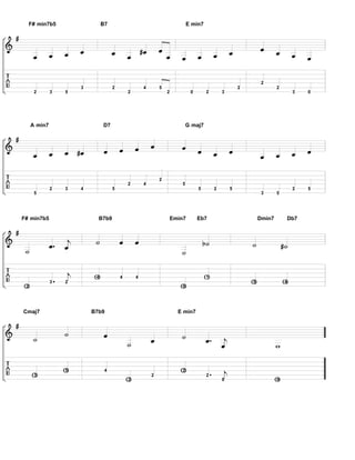 F# min7b5 B7 E min7
2 3 5
3 2
2
4 5
2 0 2 3
2
2
2
3 0
A min7 D7 G maj7
5
2 3 4 5
2 4
2
5
5 2 5
3 5
2 5
F# min7b5 B7b9 Emin7 Eb7 Dmin7 Db7
2
3 2
4 4 4
0
1
5 4
Cmaj7 B7b9 E min7
3
5 4
2
2
2
2
0 0
 