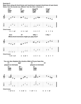 Exercise 2:
Bass lines using all chord tones and resolving to nearest chord tone of next chord.
Notice how this sounds very different from the lines in Exercise 1.
Am7 D7 Gmaj7/B Cmaj7
5
2
2
5 4
2
5 3 2 5
5 4 2
3 2
3
Chord tones
1 5 1 b7 3 5 1 b7 3 5 1 7 3 1 7 5
Amin D7 GMaj 7 C Maj 7
What chord inversions might you play here?
5 3 0 3 2 5
3 5
4
5
5 4 2 5
1
4
Chord tones
1 b7 5 b7 3 5 b7 1 3 5 1 3 3 5 1 7
You can also displace the chords a little to fit your bass line.
F7 Bb7 F7 F7
(played on 2nd beat) (played on 2nd beat)
F7 B 7 F7
3
1
1
2
1
3 0 1
0
1
0 3
1
1
2
1 3
2
1
2
3 1
Chord tones
1 b7 5 3 1 3 b7 3 1 b7 1 3 5 3 1 b7
 